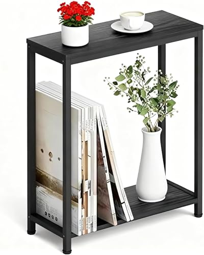 MISSLO Beistelltisch Couch, Kleiner Tisch mit Metallgestell, Schmaler Nachttisch für Wohnzimmer, Schlafzimmer, Sofa, Kaffee, Schwarz