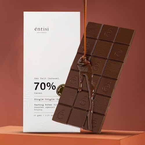 Image of Entisi Dark Chocolate Bar - Chocolates In Fresh, 70% Cocoa, Single-Origin Colombian Chocolate With Sea Salt Caramel, Rich In Antioxidants, With Crunchy Texture, Premium Snack or Gift Option,65 G