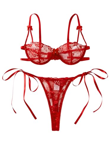 Image of Lilosy Sexy Tie Side Cute Underwire Push Up Strappy Embroidered Mesh Sheer Lingerie Set