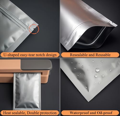 Plaphy 100 Stück Aluminium-Folienbeutel mit Zippverschluss, Wiederverschließbare Druckverschlussbeutel zur Aufbewahrung von Lebensmitteln und als Produktverpackung (Silber, 16 x 24 cm)