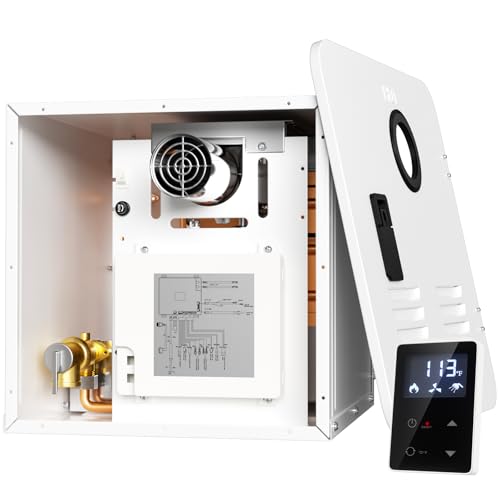 65,000 BTU RV Tankless Water Heater, 3.9 GPM Propane RV Hot Water Heater with 15x15in White Door and Remote, High Altitude Available, DC 12V