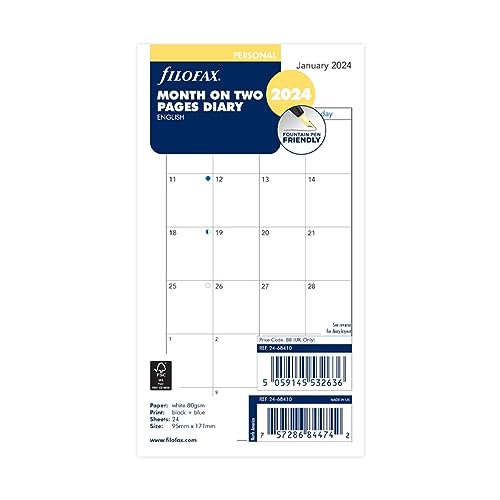Filofax Personal month on two pages English block format 2024 diary