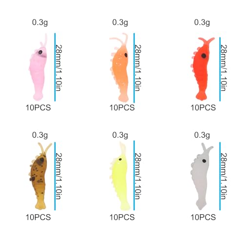 Briny River 60 Stück Weiche Silikon-Garnelen-Angelköder Leuchtende Garnelen für das Süßwasserfischen 2,8 cm 0,3 G