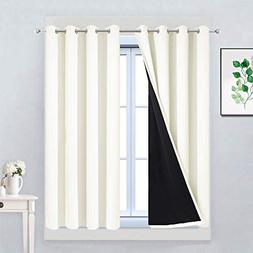 Image of Yakamok Cream 100% Blackout Curtains 45 Inches Long for Bedroom 52 inch Wide | Blackout Curtain Panels for Bedroom, 2 Thick Layers Grommet Top Thermal Insulated Drapes with Black Liner for Living Room