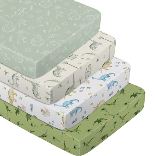 Image of Moukeren 4 Pcs Ink Wash Dinosaur Baby Crib Sheets for Boys Girls Soft Microfiber Baby Bassinet Sheets Crib 52 x 28 for Standard Cribs Nursery Bedding