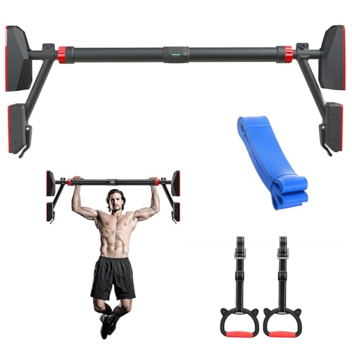 Happy Jump Pull Up Bar for Doorway with Gymnastic Rings & Resistance Bands - Heavy Duty 400kg Capacity, Adjustable Length 78-98 cm, Home Gym Equipment for Full-Body Training
