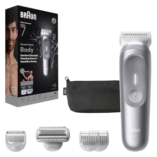 Braun Serie 7 - Aseador corporal para hombres, cuerpo, pecho, axilas, piernas y recortadora de vello púbico con luz inteligente y protector de piel, kit de aseo 8 en 1, impermeable con 6 accesorios