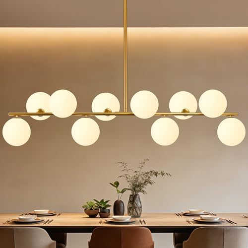 10-Light Gold Sputnik Chandeliers, Modern Linear Chandelier for Dining Room Light Fixture Over Table, Height Adjustable, Mid Century Bubble Glass Globe Ceiling Chandelier for Kitchen Island Foyer