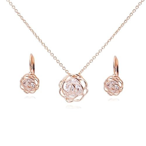 Rose Gold Plated Jewellery Set Necklace and Earrings Azuria Women 18K Gold Plated White Crystal Roses Flowers Necklace Earrings Set for Women Wedding Party Bridal Bridesmaid Accessories Floral Design (Rose Gold)
