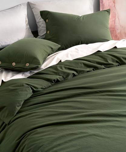 Image of JELLYMONI 100% Washed Cotton Duvet Cover King (Olive Green, 104 inchx90 inch)