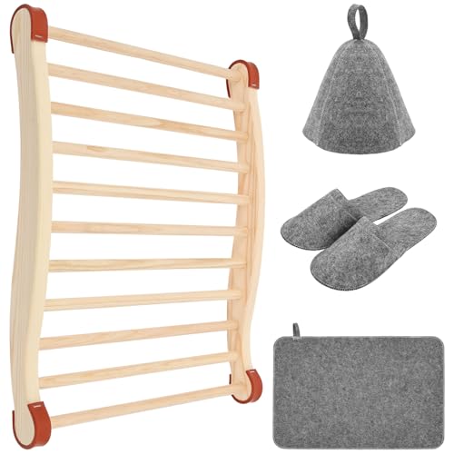 Sauna Rückenlehne aus 100%Naturholz, Komfortable Sauna Kopfstütze Holz mit Saunakissen Saunahut und Saunapantoffeln, Ergonomische geformt, Saunazubehör für Zuhause SaunaUnd Infrarotkabine(Natur)
