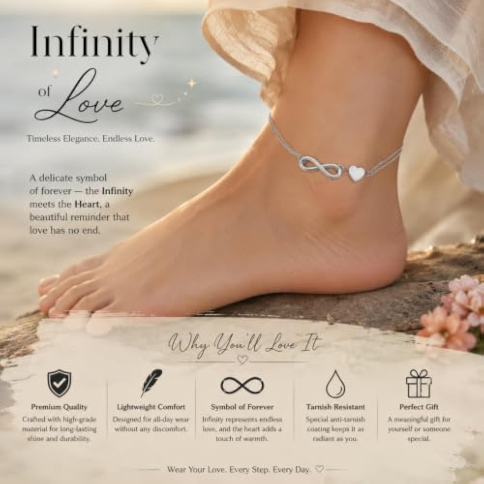 Double Layer Silver Plated Infinity Heart Anklet, Adjustable