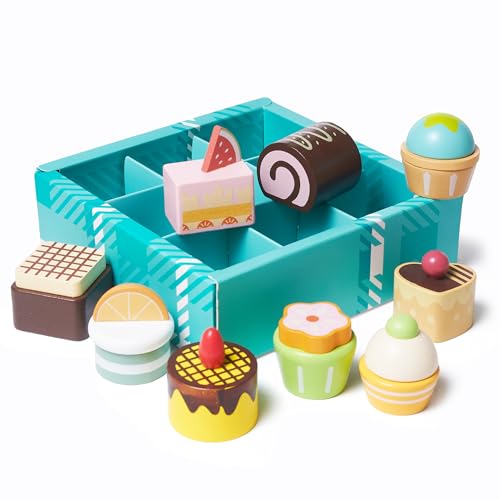 MONT PLEASANT 10pcs Wooden Dessert Set Toddler Pretend Play Toy Food, Sweets Playset with Muffin, Cupcake, Chocolate Cake & Roll, Kids Food Toys Play Kitchen Accessories Boys and Girls Birthday Gift