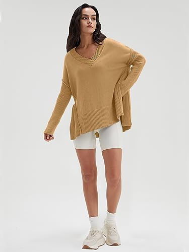 Image of DEEP SELF Women's V Neck Oversized Sweaters Long Batwing Sleeve Split Hem Pullover Asymmetric Loose Casual Knit Tops