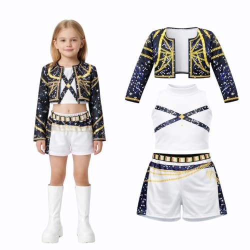 Image of Wanna Party Korean Pop Inspired Black & White Kids Costume, Size S, 3 Pcs Shimmery Stage Outfit with Jacket, Top & Shorts for Birthday Party, Dance Performance, Fancy Dress & Theme Event