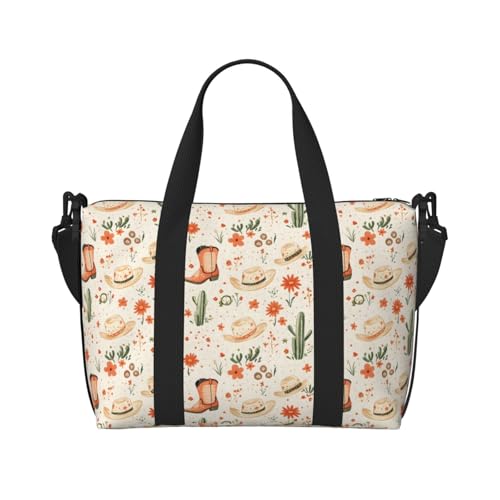 Travel Duffle Bags For Women Men - Boots Cowboy Hat Cactus Print Personal Item Weekender Overnight Gym Carry On Airport Tote Bag With Strap For Yoga, Travel, Business Trips