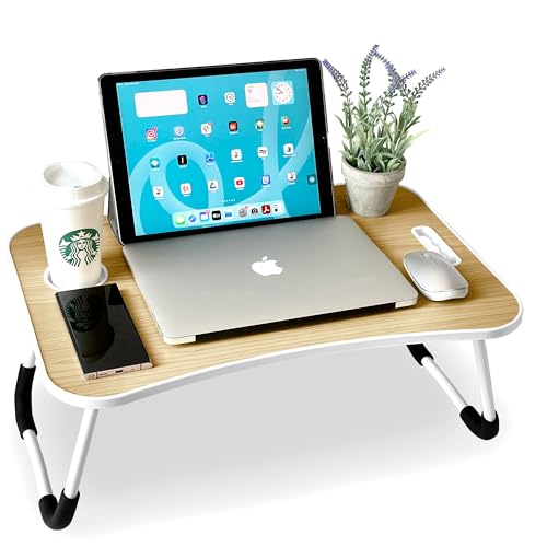 unycos - Bandeja para Cama, Mesa Plegable de Desayuno, Ideal para Portátil, Ordenador y Libros, Ergonómica, Mesa Auxiliar con Atril para Leer en la Cama 60x40x26 cm (Nuez sin Cajón)