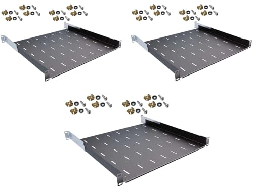 3 Stück 1 HE tiefen verstellbare Rackablage 45-61 cm tief in Schwarz RAL 9005, 19 483 mm Variabler Fachboden Trägereinschub Einlegeboden Rack Ablage Boden