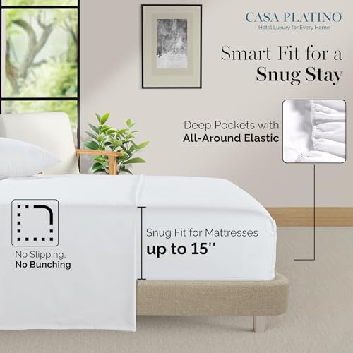 Casa Platino 100% Egyptian Cotton Sheets Twin Size Set - 4 Pcs (1 Flat, 1 Fitted, 2 Pillowcases)- Ultra Smooth Sateen Weave Bed Sheets with 15" Deep Pockets - Pure White Sheet Set