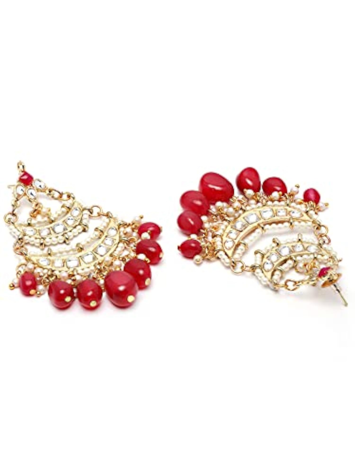Gold Plated Red Tumble Kundan Chandbali Earrings for Women