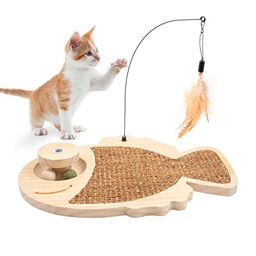 3 In 1 Cat Scratching Pad Pet Toy Fish Shape Cat Scratcher Interactive Smart Catnip Balls Feather Toy Sisal Cat Scratch Board Cat Toy Kitten Training Exercise Wooden Base Grinding Paw #TOP1