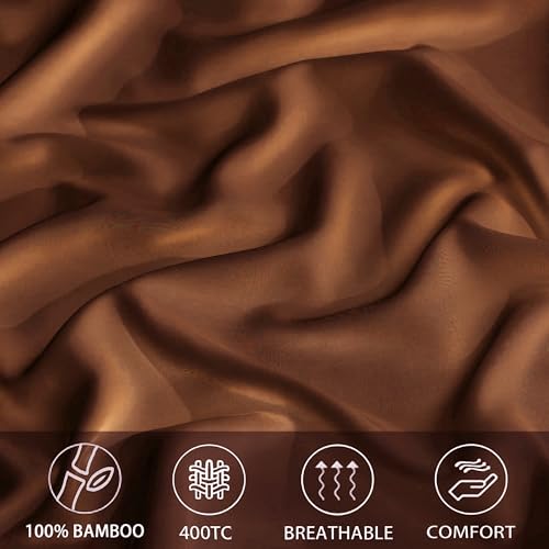 Image of RD TREND Microfiber Satin Weave Fitted Bedsheets for Queen Size Bed 78x60x10 Inch with 2 Pillow Covers-18x28 Inch | 400 TC All Around Elastic | Coffee
