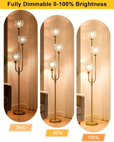 Image of 3-Lights Modern Glass Floor Lamp 66IN Gold Dimmable Floor Lamps with 3000K Warm White Bulbs for Wedding Party Tall Standing Lamp with Amber Glass Shade for Living Room /Bedroom /Girls Room