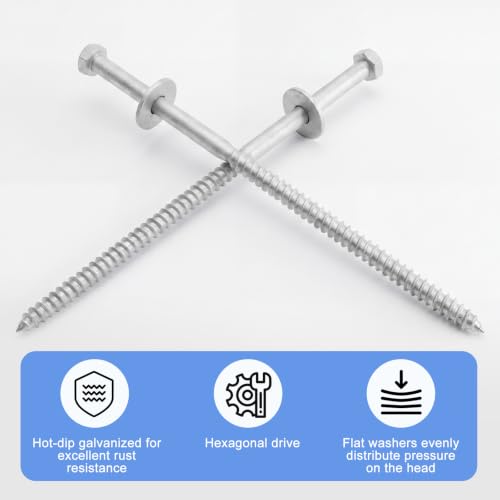 Image of Hicarer 60 Pcs 1 /2 inch X 12 inch Hex Head Lag Screws Bolts with Washers Kit for Wood Hot Dip Galvanized Lag Bolts Heavy Duty Screws Kit