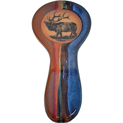 ALWAYS AZUL POTTERY 9.5 Inch Long Spoon Rest in Elk Design and Azulscape Glaze - Handmade Pottery Cookware Accessories - Kitchen Countertop Holder for Giant Spatula, Ladle & More