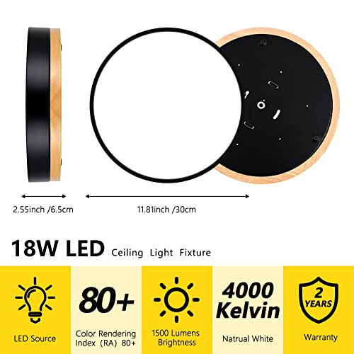 Violoemi Modern Wood Flush Mount Ceiling Light, Round Black Led Ceiling Light, Kitchen Light Fixtures, Non-Dimmable Close To Ceiling Light Fixture For Hallway Laundry Room Office Bedroom (11.81) #TOP2