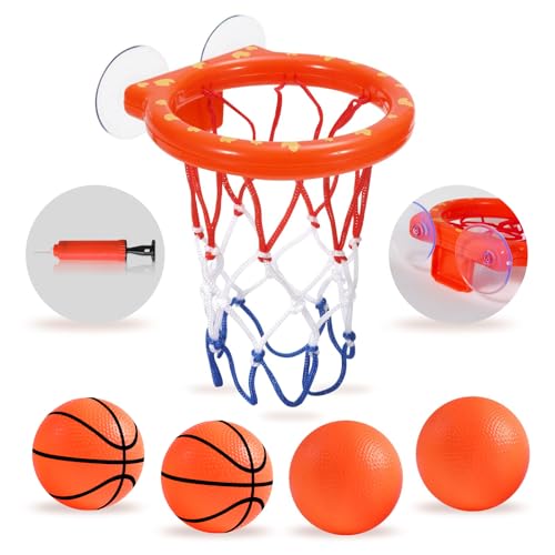 KSABVAIA Bath Toys - Bathtub Basketball Hoop for Kids Toddlers,Bath Toys Shower Toys for Kids Ages 4-8,Suction Cup Basketball Hoop & 4 Soft Balls Set for Boys Girls