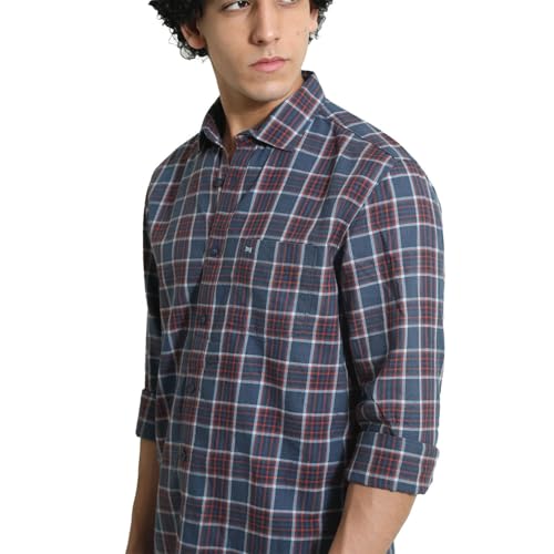 Image of BASICS 100% Cotton Checked Shirt for Men | Slim Fit | Everyday Smart Casual Wear | Full Sleeve