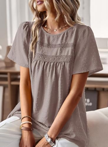 Image of Falechay Womens Summer Tops Crewneck Short Sleeve Shirts Casual Chiffon Blouses Flowy Lace Hem Boho Clothing Trendy 2026