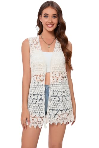 Image of GLEAMISS Women's Crochet Floral Vest Lace Trim Boho Sleeveless Cardigan