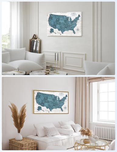 Image of IPIC - Large Custom USA Map Wall Art, Push Pin Map with Custom Names to Track Your Travels, Vintage Teal Farmhouse Style Framed Canvas Wall Decor for Home, Office or RV, Ready to Hang