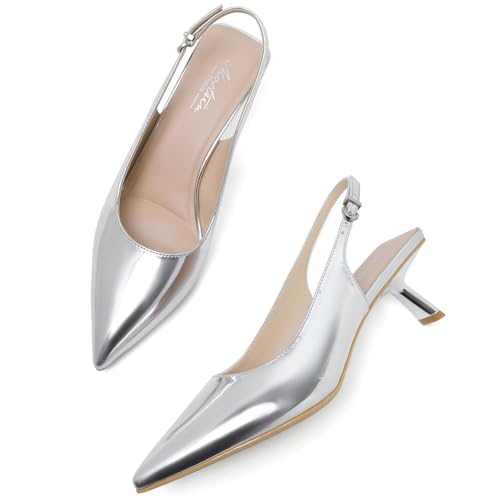 Image of Mostrin Kitten Heels for Women Pointed Toe Pumps Patent Leather Low Heel Slingback Heels with Buckle Dress Shoes for Dating Party Working