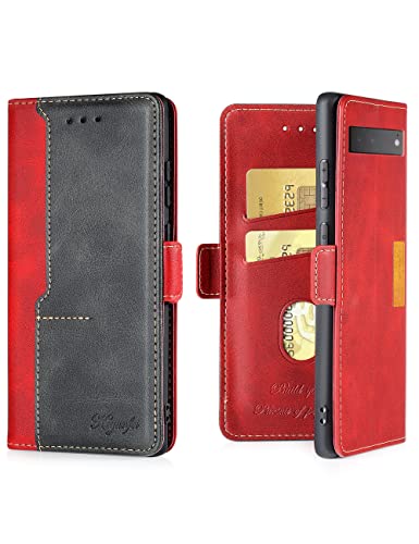 KumWum Handyhülle Kompatibel mit Google Pixel 6 5G Leder Klapphülle mit Kartenfach Magnetverschluss Schutzhülle mit Standfunktion - Rot Cover