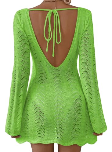 Womens Swimsuit Cover Up Long Sleeve Crochet Bathing Suit Mesh Backless Cover Ups Summer Beach Vacation Outfits 2025