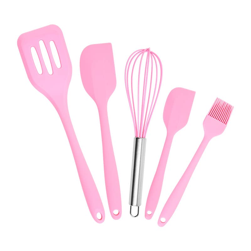Image of Oren Empower Set of 5 Pcs Silicone Spatula & Kitchen Utensil with Hook Design for Cooking, Baking & Mixing /Non-Stick BPA Free /Heat Resistant Item, Flexible Non Toxic Silicon Cookware Tools - Pink