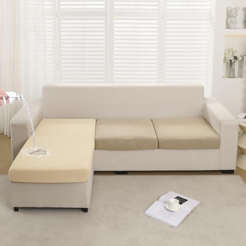 Image of HOKIPO 100% Waterproof Elastic 140gsm Chaise Cover Sectional Couch Covers for L Shaped Sofa, 1 Piece Chaise Cover, Beige (NEW-AR-5355-BGE)