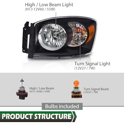 Image of GRAND ORANGE Headlights Assembly with Bulbs Compatible with Dodge Ram 1500 Truck 2006-2008 /Fits Dodge Ram 2500 3500 Truck 2006-2009 Left and Right Side Clear Lens Black Housing Amber Reflector