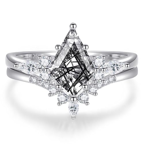 Kite Cut Engagement Ring - Black Rutilated Quartz Ring Set in 925 Sterling Silver - Women's Size 9 Wedding Ring Set