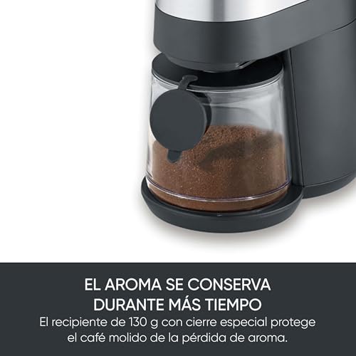 Miniatura 6 de Severin Molinillo De Café Eléctrico De Disco Que Conserva El Aroma, Dosis Ajustable, Ajuste Del Grado De Molienda En 30 Pasos, Recipiente Para Café Extraíble, 140 W, Acero Inoxidable, Km 3880