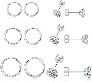 NEVEGE 10Pairs Silver Earrings for Women Stainless Steel Flat Back Stud Earrings for Girls 16G Cartilage Earrings Sets for Multiple Piercing Helix Tiny CZ Studs for Cartilage