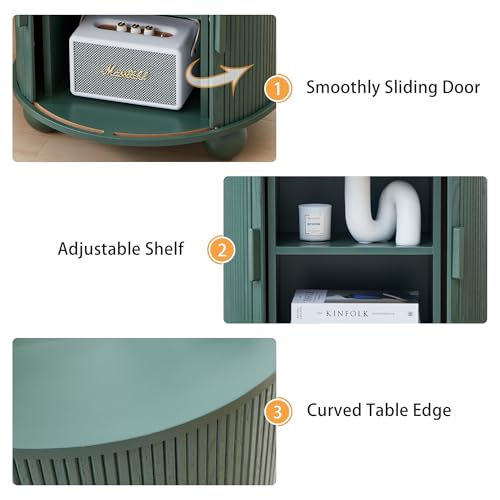Image of 24 inch Fluted Round Nightstand Set of 2, Mid-Century Large Wooden End Table with Charging Station, Farmhouse Storage Side Table with Sliding Door for Bedroom Living Room (2XRound, Green)
