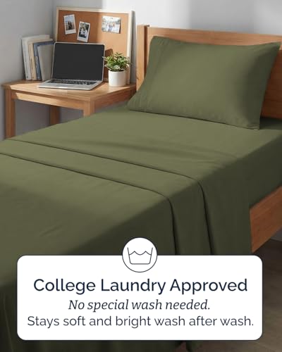Image of Twin XL 4 Piece Sheet Set - College Dorm Room Essentials - Sage Green | Ultra Soft Dorm Bedding Set, 8 inch to 16 inch Inch Deep Pockets, 1 Flat & 1 Fitted Sheet & 2 Pillowcases, Wrinkle & Fade Free