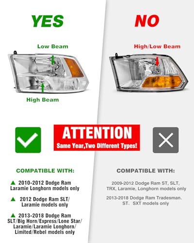 for 2010 2011 2012 2013 2014 2015 2016 2017 2018 Dodge Ram Headlight Assembly compatible with 10-18 Ram 1500/10-18 Ram 2500 3500 Chrome Housing Amber Reflector Headlamp Replacement - Image 3