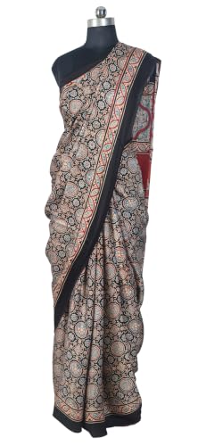 Image of Ethnics of Kutch Womenss Ajrakh Modal Silk Natural Dye Hand Block Print Saree with Blouse Piece - 5.5 Mtr Length