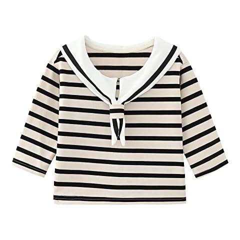 KEAICO Boys Girls Unisex Long Sleeve Sweatshirt Navy Blue Casual Sweatshirt Collar Top Long Sleeve Pullover Cotton Top, Apricot - Black Stripes, 3-4 Years Cover