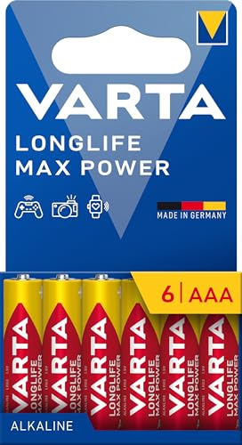 VARTA Piles AAA, lot de 6, Longlife Max Power, Alcalines, 1,5V, emballage recyclé à 90%, adaptées aux appareils photo numériques, contrôleurs, Made in Germany